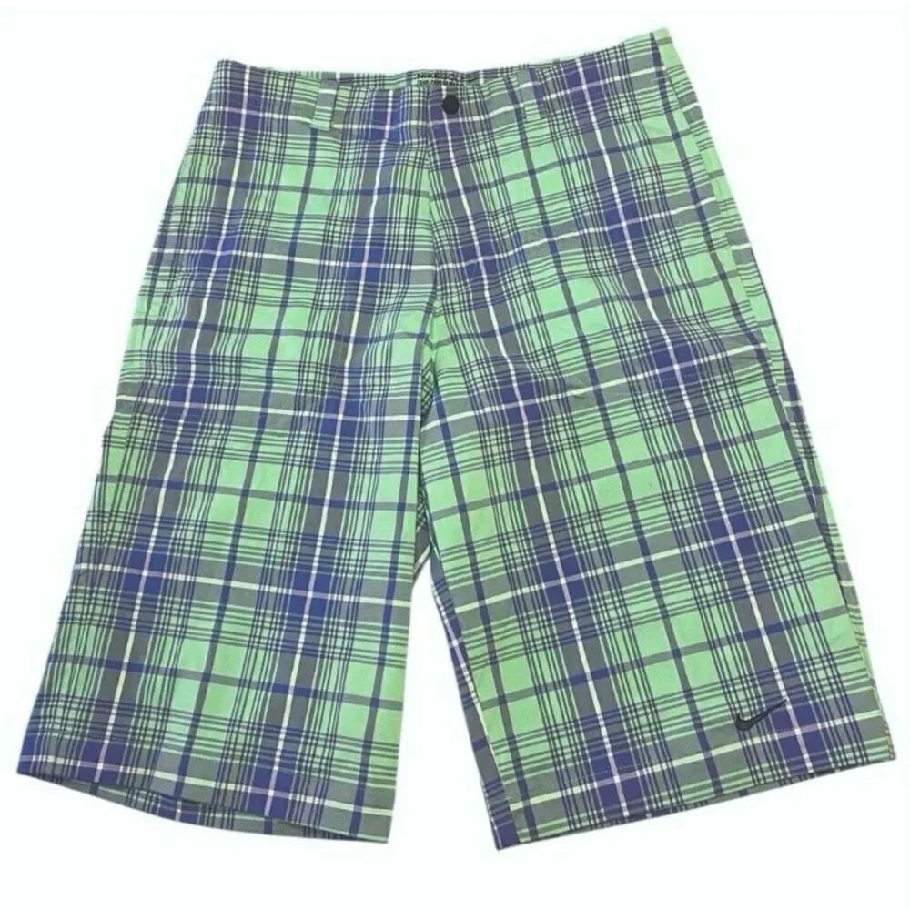 Nike Tech Fit Tour Performance Green Blue Plaid Stay Cool Golf Shorts Boys XL